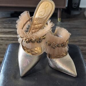 Elegant Gold Pointed-Toe Mules with Ruffle and Beaded Trim